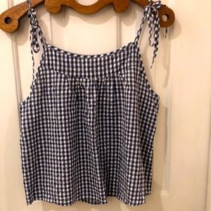 Aerie Long Crop Tie Shoulder Gingham Top